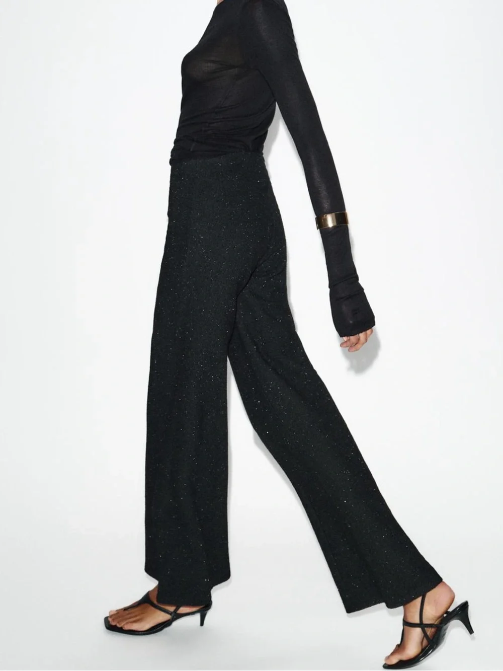 Zara NWT Black gold metallic thread Wide-Leg gold button Pants